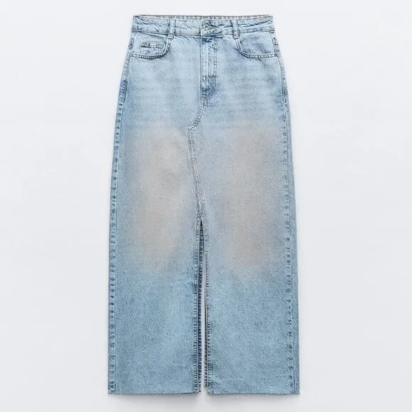 ZARA Z1975 PINK WASHED SLIT DENIM SKIRT - Picture 5 of 13